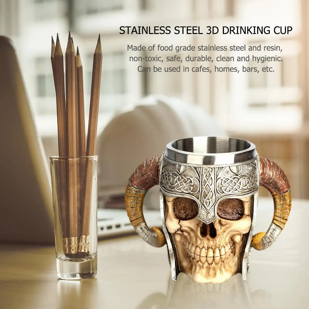 Creative 3D Skull Mug Viking Drinking Cup Resin Stainless Steel Beer Stein Tankard Coffee Mug Tea Cup Halloween Drinkware Gift