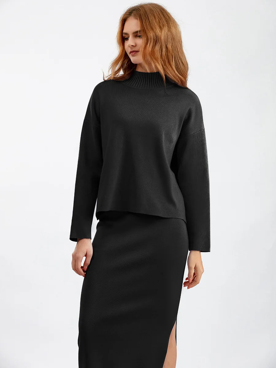 Autumn Women Split Knitted Skirt Suit Fashion Casual Loose Sweater Long Skirts 2 Piece Set Women Outifits Elegant Winter NS5967