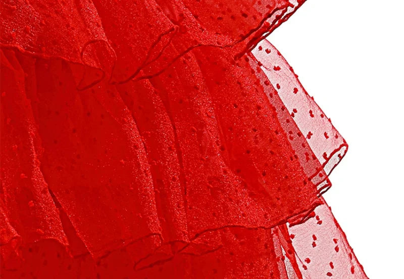 Lydia Deetz Red Horror Ghost Bride Cosplay Dress Girls Tulle Gown+Veil+Gloves For Kids Halloween Christmas Party Dress Up 3-14Y