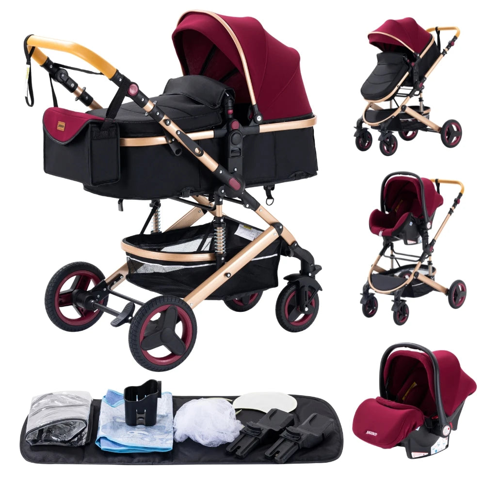 New Luxury Baby Stroller 3 in 1 Portable Travel Baby Carriage Fold Pram High Landscape Aluminum Frame Newborn Infant Stroller