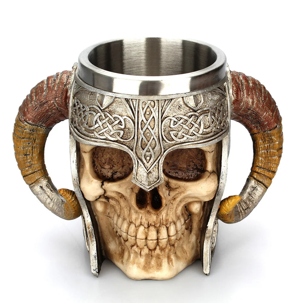 Creative 3D Skull Mug Viking Drinking Cup Resin Stainless Steel Beer Stein Tankard Coffee Mug Tea Cup Halloween Drinkware Gift