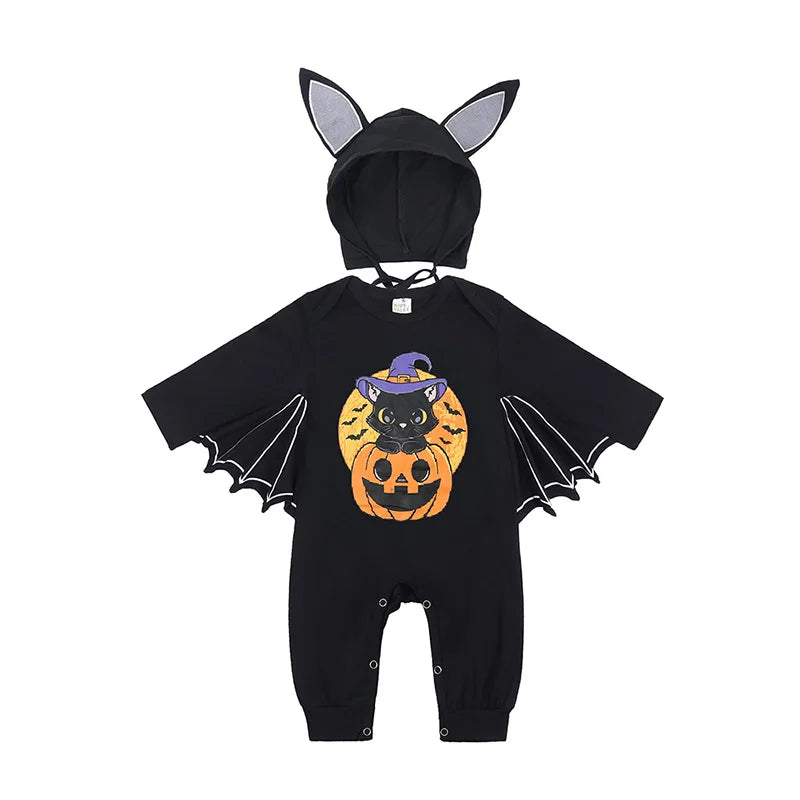 2025 Baby Halloween Romper Print Hat+Romper Bat Cosplay Costume Bag Gift Boy Girl Bone Pumpkin Bodysuit Vampire Clothes