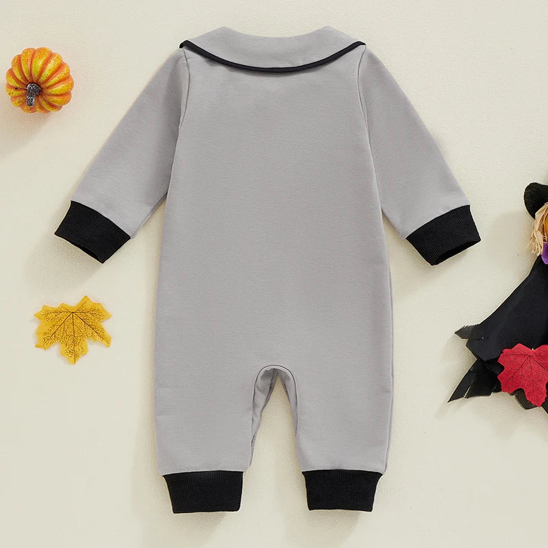Suefunskry Baby Boy Halloween Romper Embroidery Bow Tie Long Sleeve Lapel Neck Button-up Fall Jumpsuit