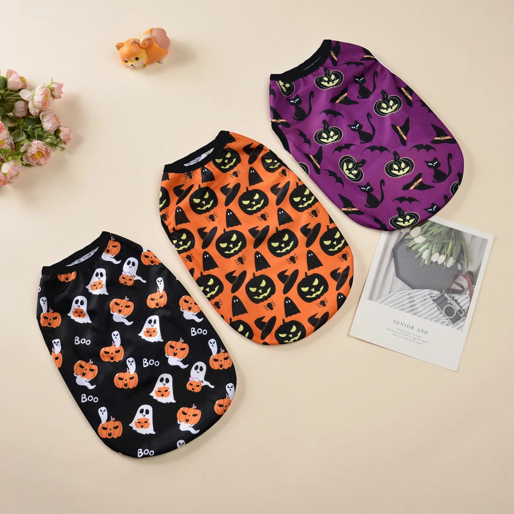 Halloween Pumpkin Print Dog Clothes For Small Medium Dogs Cats Breathable Pet T-shirt Chihuahua French Bulldog Puppy Costumes
