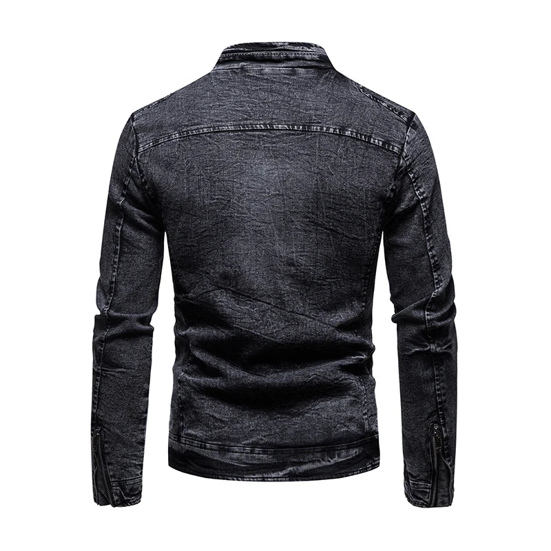 Jean jacket men's autumn and winter 2023 new fashion cool retro fashion slim stand collar motorcyclejacket