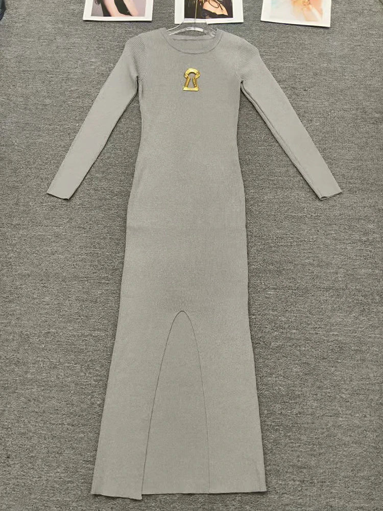 Autumn 2025 Women's wear: Metal buckle decorated round-neck pull-up knitted dress, elastic tight long slit dress