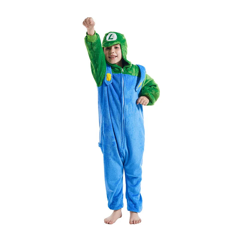 Flannel Zipper New Red Green Super Brother Kigurumi Adult Onesie Cartoon Pajama Animal Halloween Funny Jumpsuits Hooded Pyjamas