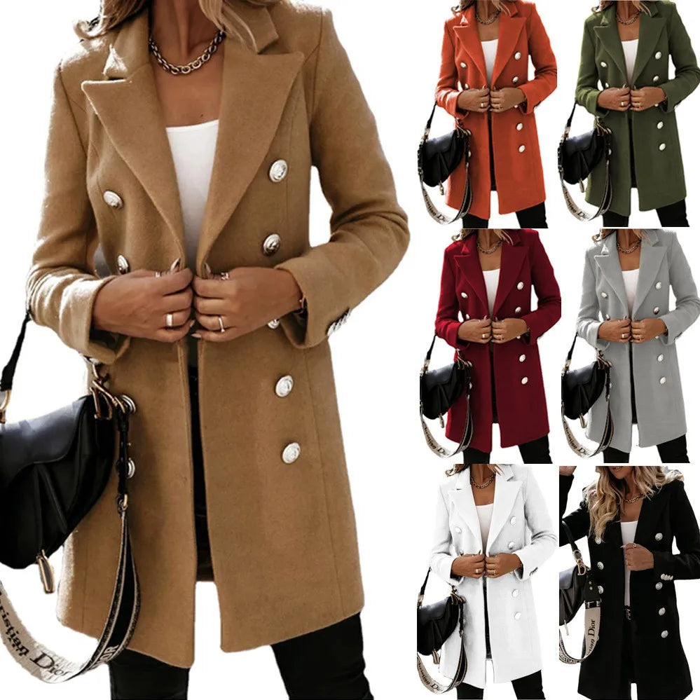 Autumn and Winter Women's Wear Versatile New Europe and America Autumn and Winter Long sleeved Double breasted Woolen Coat Coat