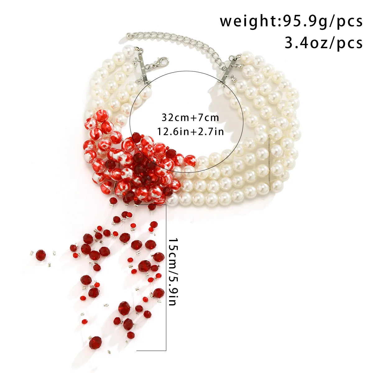 Multilayer Vintage Red Blood Pattern Imitation Pearl Tassel Pendant Necklace for Women Goth Crystal Bead Chain Halloween Jewelry