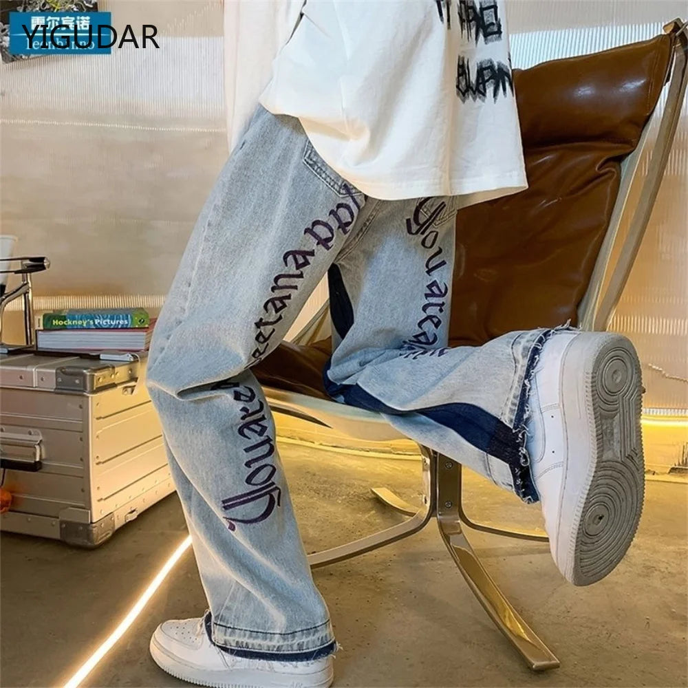 2025 European Men's jeans Neutral Wide Leg Denim Trousers Loose Straight letter print Baggy Man Jean Pants Casual Baggy hip hop