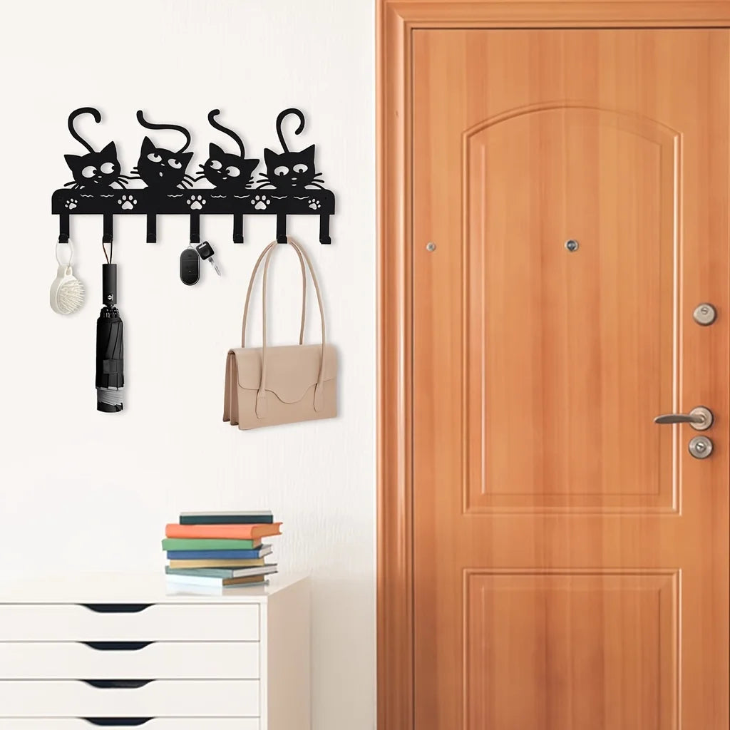 CIFBUY Black Cats Wall Hooks Key Holder Halloween Cats Decorative Hooks Rack Hangers Iron Hook Wall Mounted Hooker With 7 Hooks