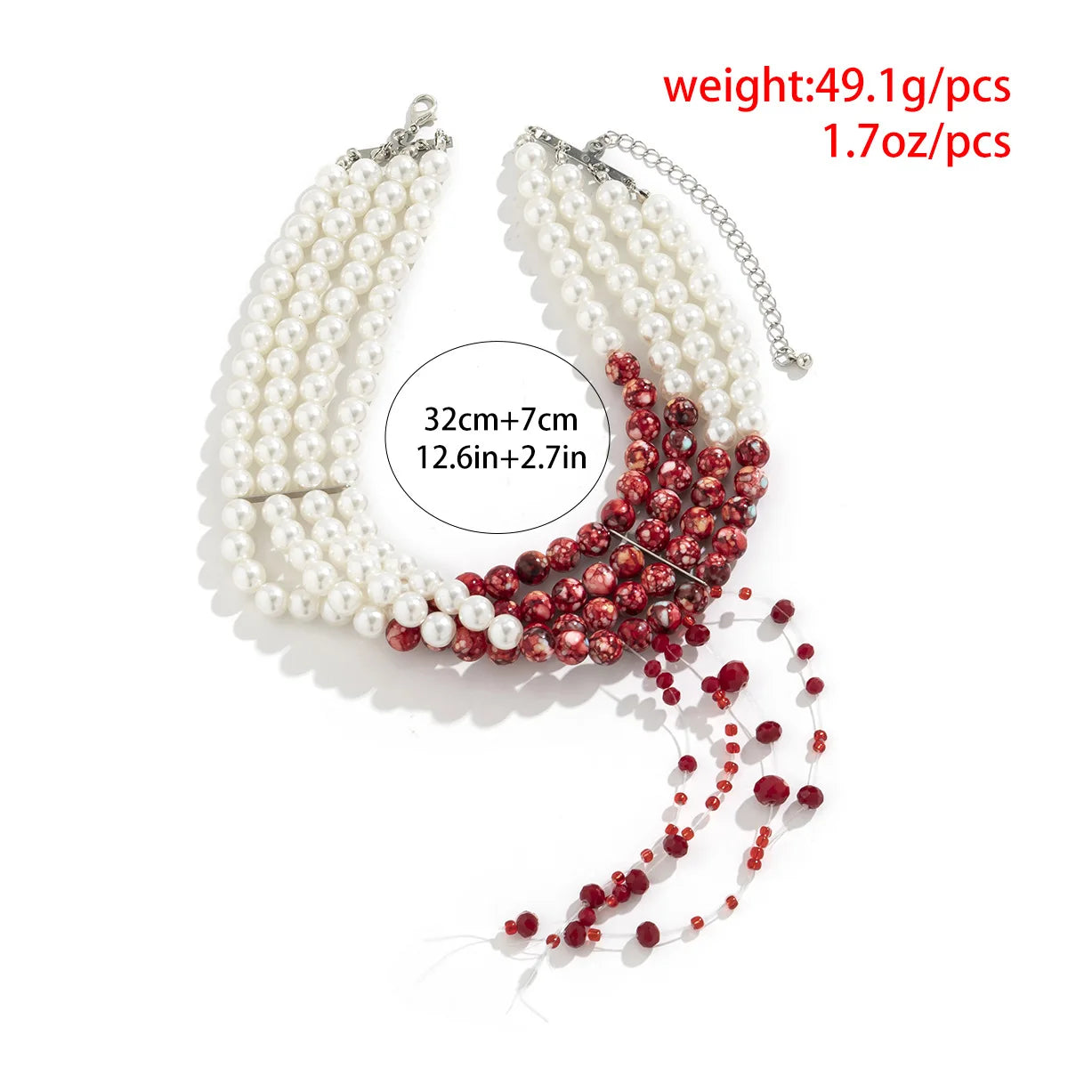Multilayer Vintage Red Blood Pattern Imitation Pearl Tassel Pendant Necklace for Women Goth Crystal Bead Chain Halloween Jewelry