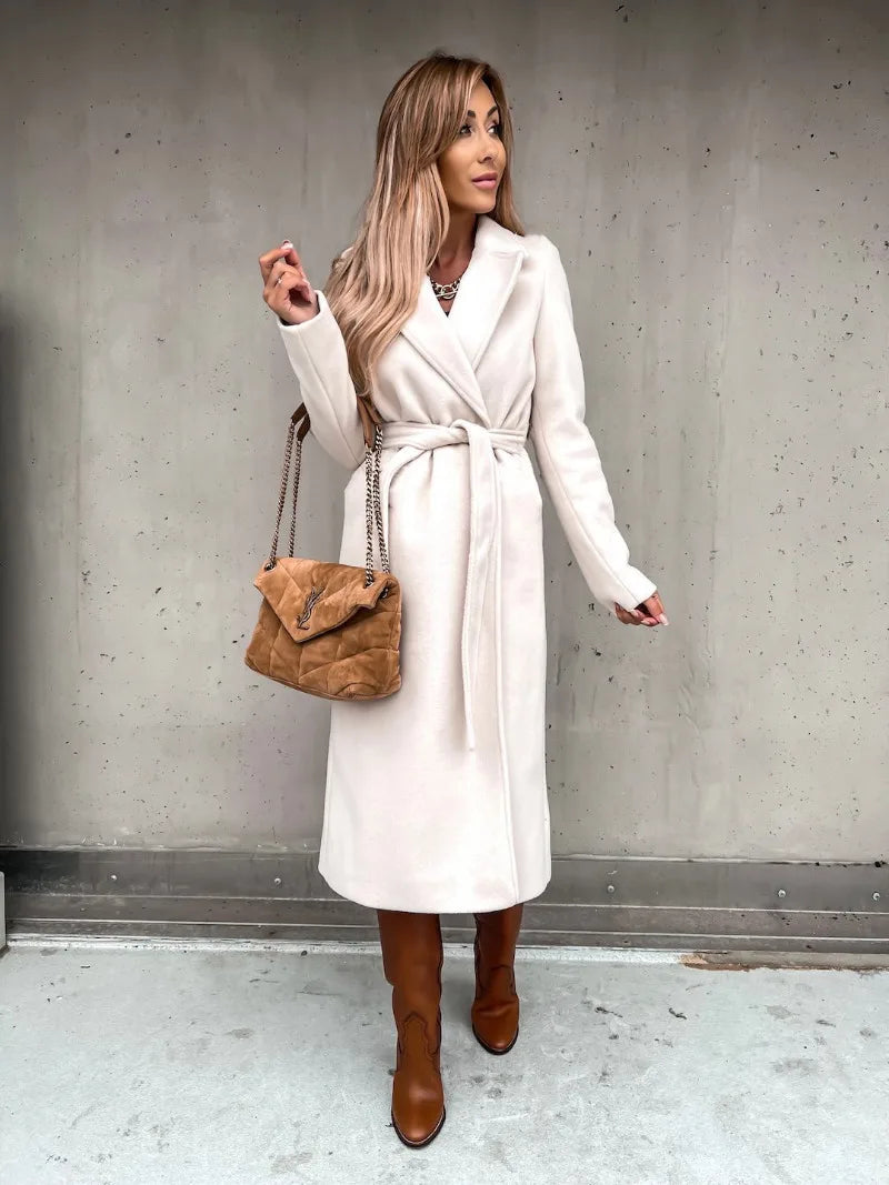 Autumn Winter Women Woolen Jacket Top Outwear Elegant Fashion Long Sleeve Lapel Collar Belt Trench Coat Overcoat Streetwear