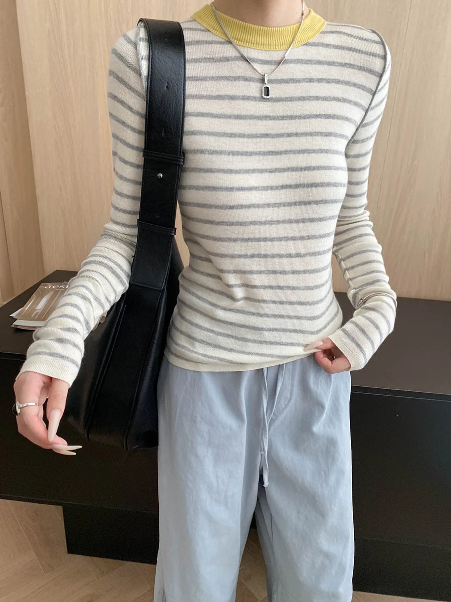 Autumn color palette design, contrasting colors, front shoulder streamlined, slim fit, slimming effect, base knit sweater