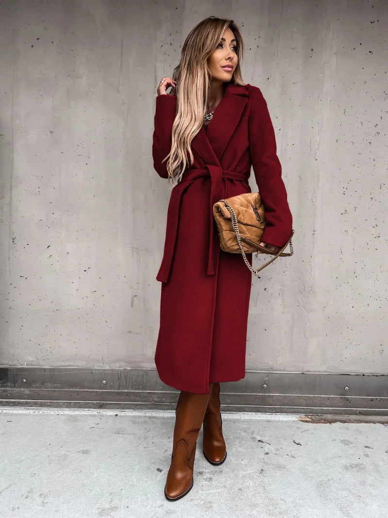 Autumn Winter Women Woolen Jacket Top Outwear Elegant Fashion Long Sleeve Lapel Collar Belt Trench Coat Overcoat Streetwear