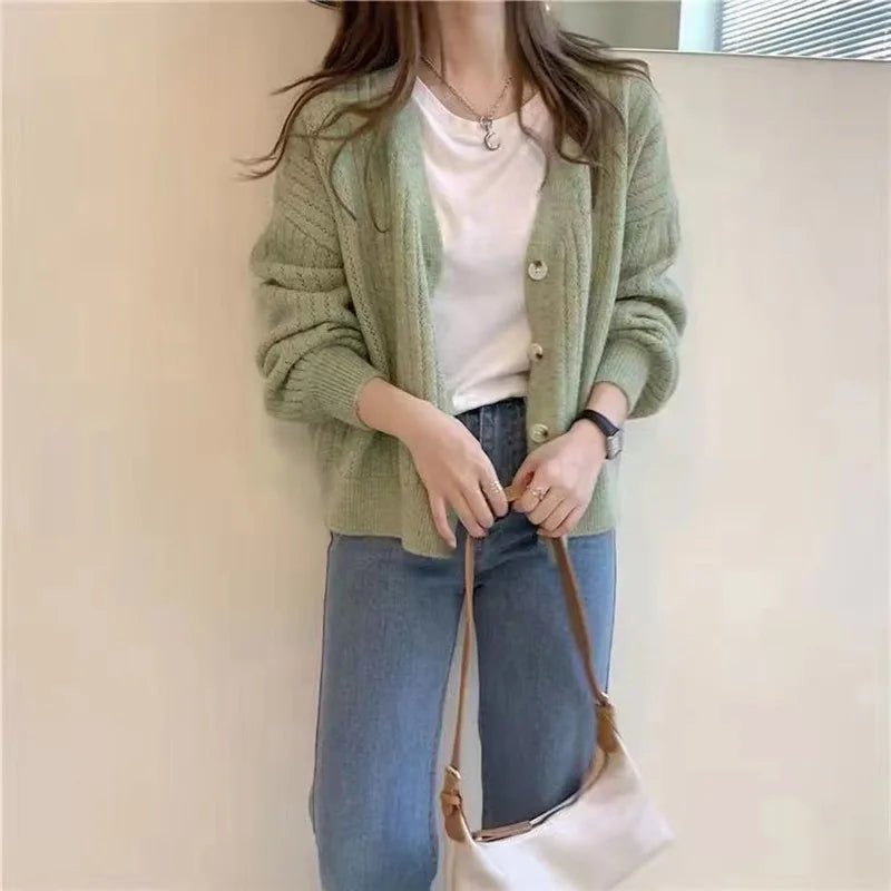 Autumn V Neck Elegant Cardigan Women Sweater New Fashion Loose Retro Knitted Jacket Versatile Solid Casual Office Gentle Coats
