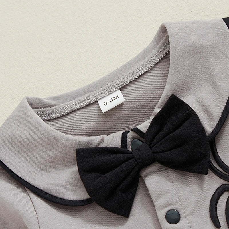 Suefunskry Baby Boy Halloween Romper Embroidery Bow Tie Long Sleeve Lapel Neck Button-up Fall Jumpsuit