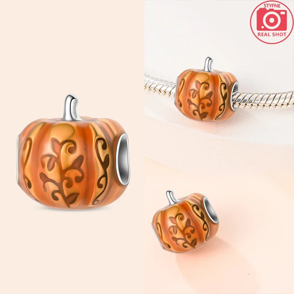 925 Silver Original Yellow Luminous Pumpkin Cart Halloween Ghost Heart Charms Beads Fit Bracelet Jewelry Diy Women Birthday Gift