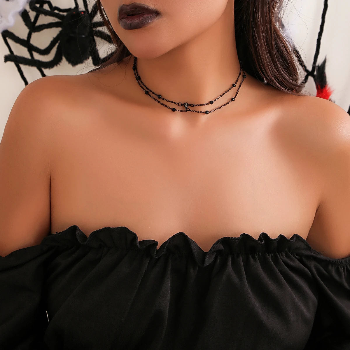 Multilayer Gothic Black Thin Chain Zircon Choker Necklace for Women Vintage Simple Clavicle Link Halloween Jewelry Accessories
