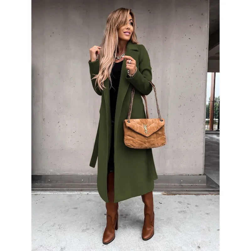 Autumn Winter Women Woolen Jacket Top Outwear Elegant Fashion Long Sleeve Lapel Collar Belt Trench Coat Overcoat Streetwear