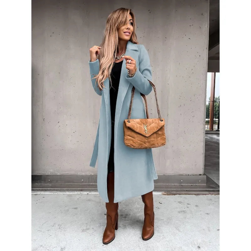 Autumn Winter Women Woolen Jacket Top Outwear Elegant Fashion Long Sleeve Lapel Collar Belt Trench Coat Overcoat Streetwear