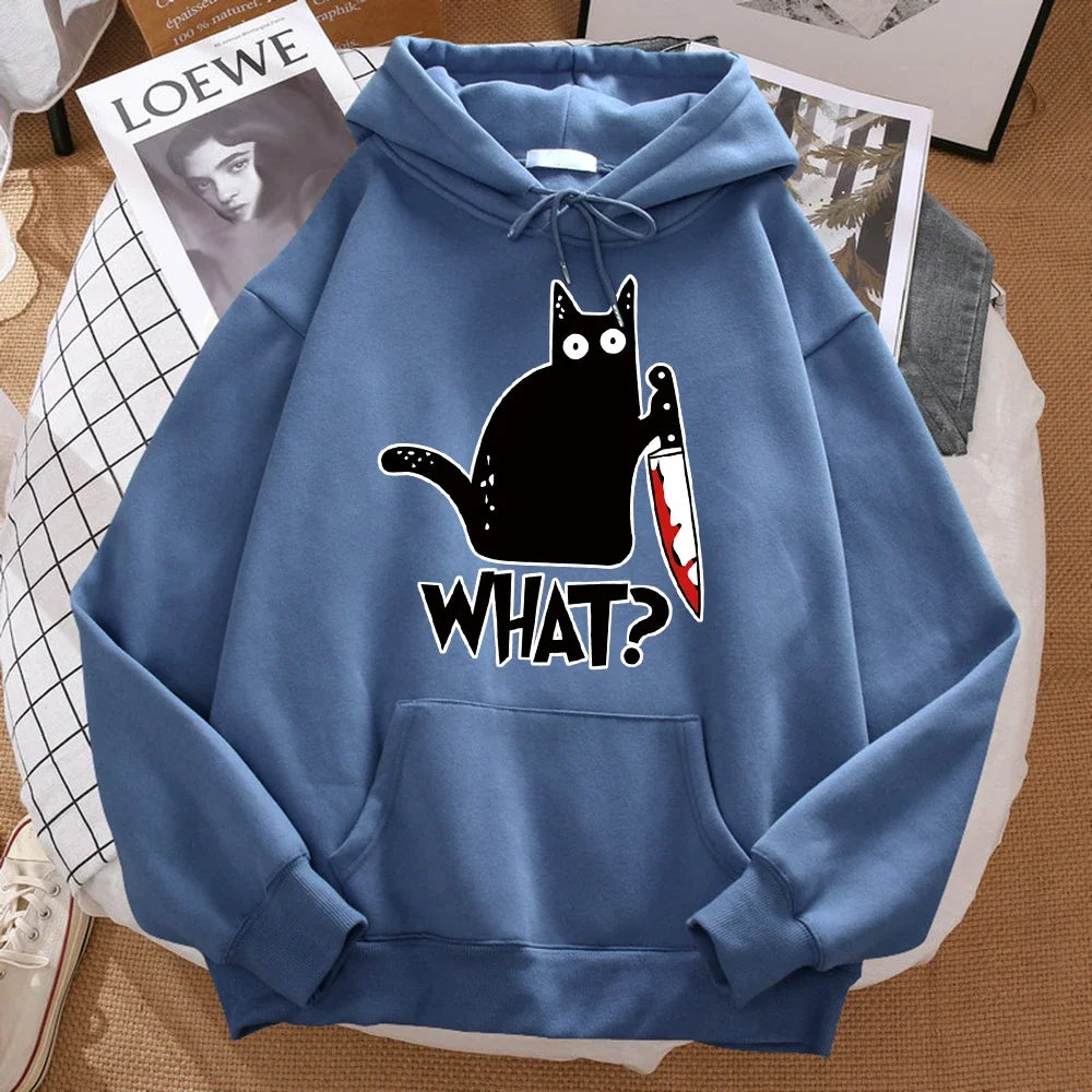Autumn What Cute Little Black Cat Holding A Knife Print Men Hoodie Street Fleece Hoody Hipster Sweatshirt Hip Hop Woman Pullover