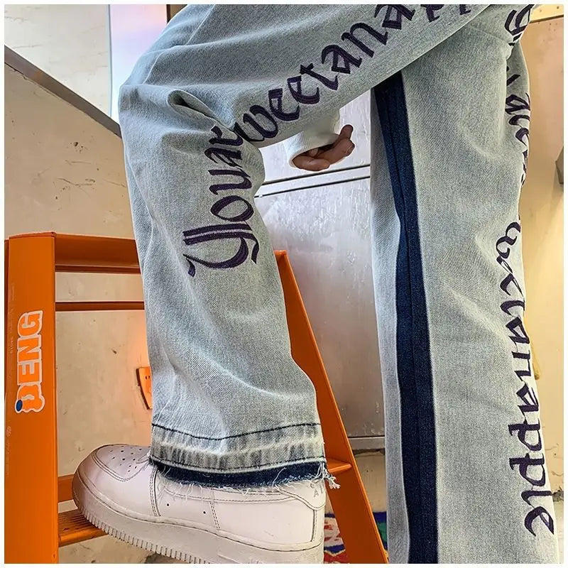2025 European Men's jeans Neutral Wide Leg Denim Trousers Loose Straight letter print Baggy Man Jean Pants Casual Baggy hip hop