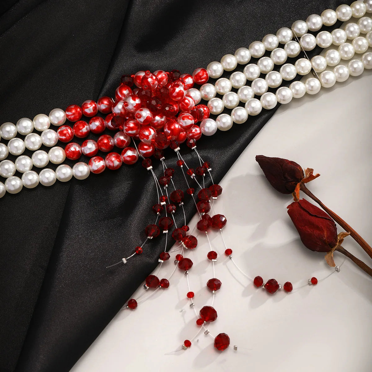 Multilayer Vintage Red Blood Pattern Imitation Pearl Tassel Pendant Necklace for Women Goth Crystal Bead Chain Halloween Jewelry