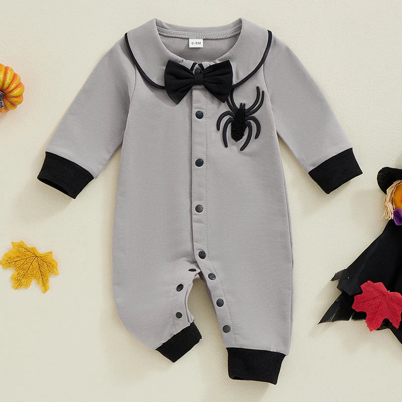 Suefunskry Baby Boy Halloween Romper Embroidery Bow Tie Long Sleeve Lapel Neck Button-up Fall Jumpsuit