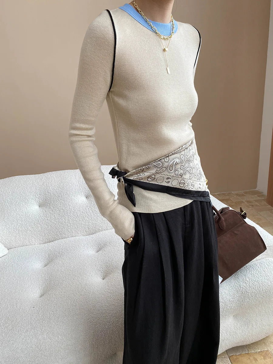 Autumn color palette design, contrasting colors, front shoulder streamlined, slim fit, slimming effect, base knit sweater