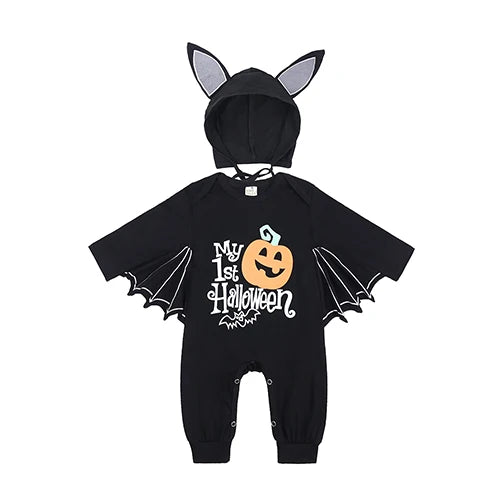 2025 Baby Halloween Romper Print Hat+Romper Bat Cosplay Costume Bag Gift Boy Girl Bone Pumpkin Bodysuit Vampire Clothes