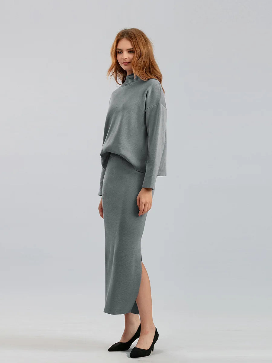 Autumn Women Split Knitted Skirt Suit Fashion Casual Loose Sweater Long Skirts 2 Piece Set Women Outifits Elegant Winter NS5967