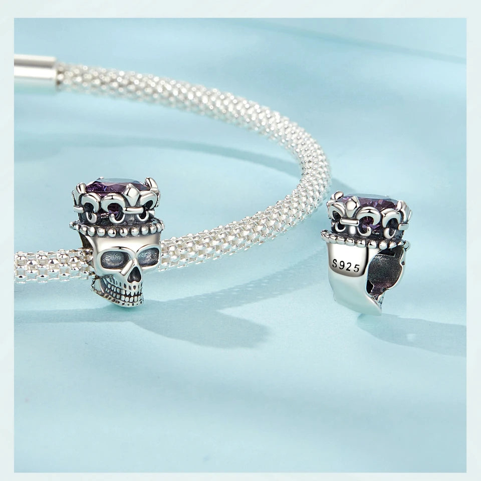 BAMOER 925 Sterling Silver Skull Beads Crown Charms for Women Halloween Jewelry Gift Bracelet Necklace DIY Accessories
