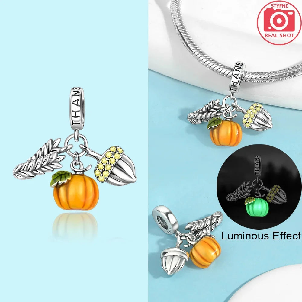 925 Silver Original Yellow Luminous Pumpkin Cart Halloween Ghost Heart Charms Beads Fit Bracelet Jewelry Diy Women Birthday Gift