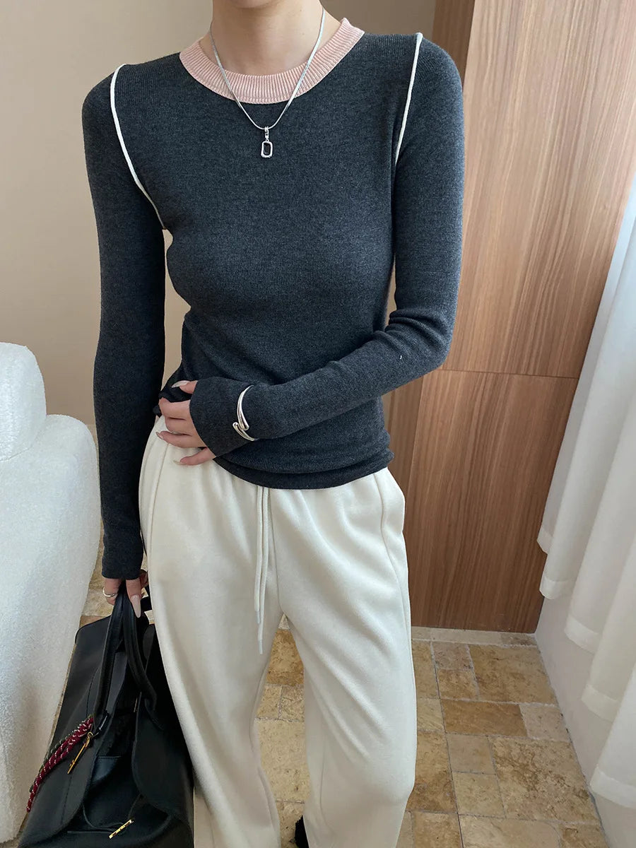 Autumn color palette design, contrasting colors, front shoulder streamlined, slim fit, slimming effect, base knit sweater