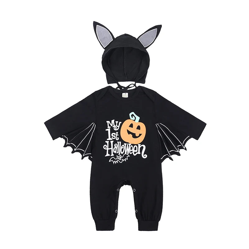 2025 Baby Halloween Romper Print Hat+Romper Bat Cosplay Costume Bag Gift Boy Girl Bone Pumpkin Bodysuit Vampire Clothes