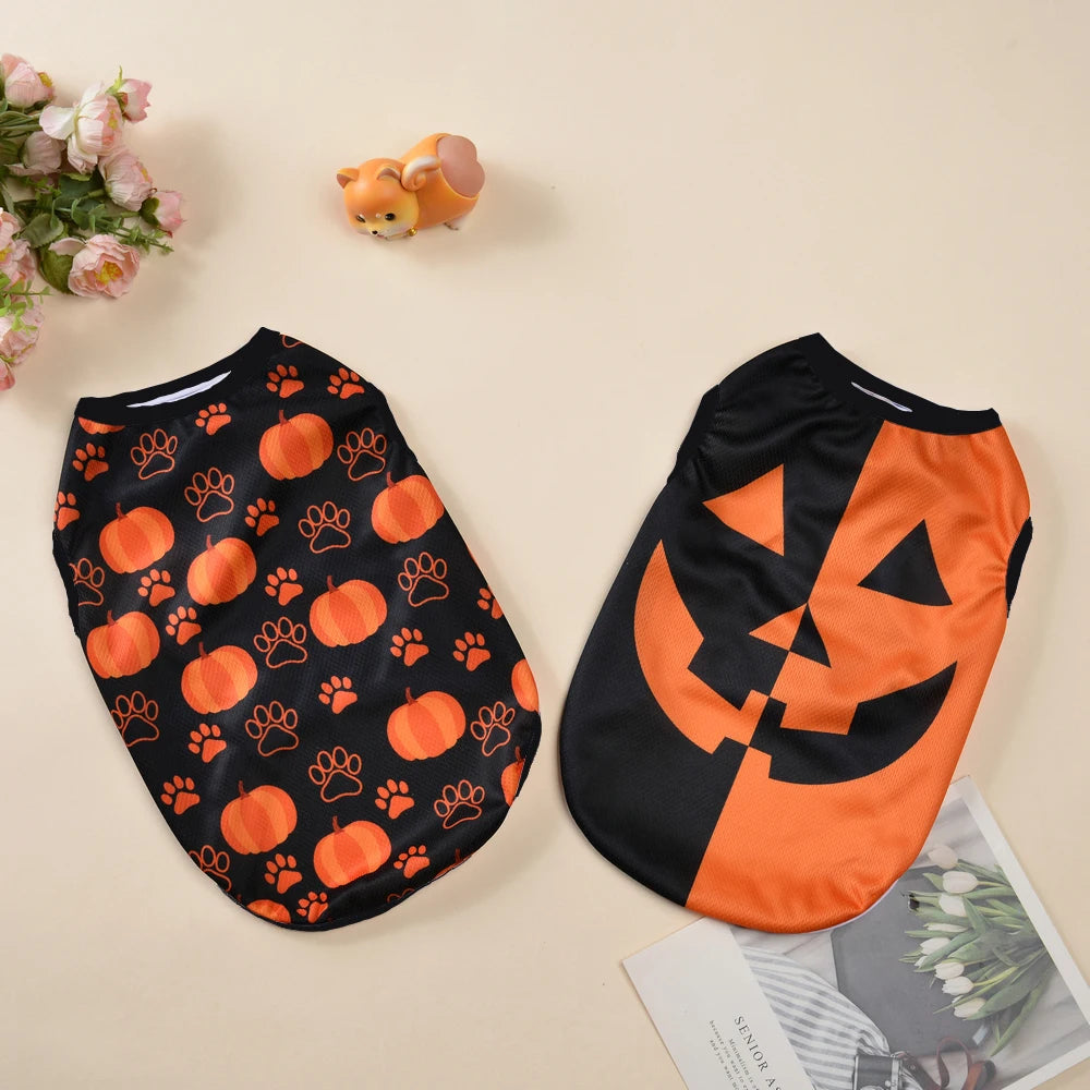 Halloween Pumpkin Print Dog Clothes For Small Medium Dogs Cats Breathable Pet T-shirt Chihuahua French Bulldog Puppy Costumes