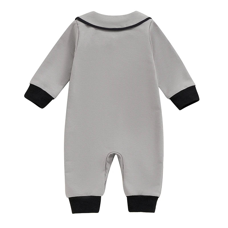 Suefunskry Baby Boy Halloween Romper Embroidery Bow Tie Long Sleeve Lapel Neck Button-up Fall Jumpsuit