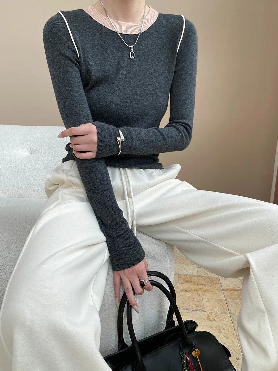 Autumn color palette design, contrasting colors, front shoulder streamlined, slim fit, slimming effect, base knit sweater