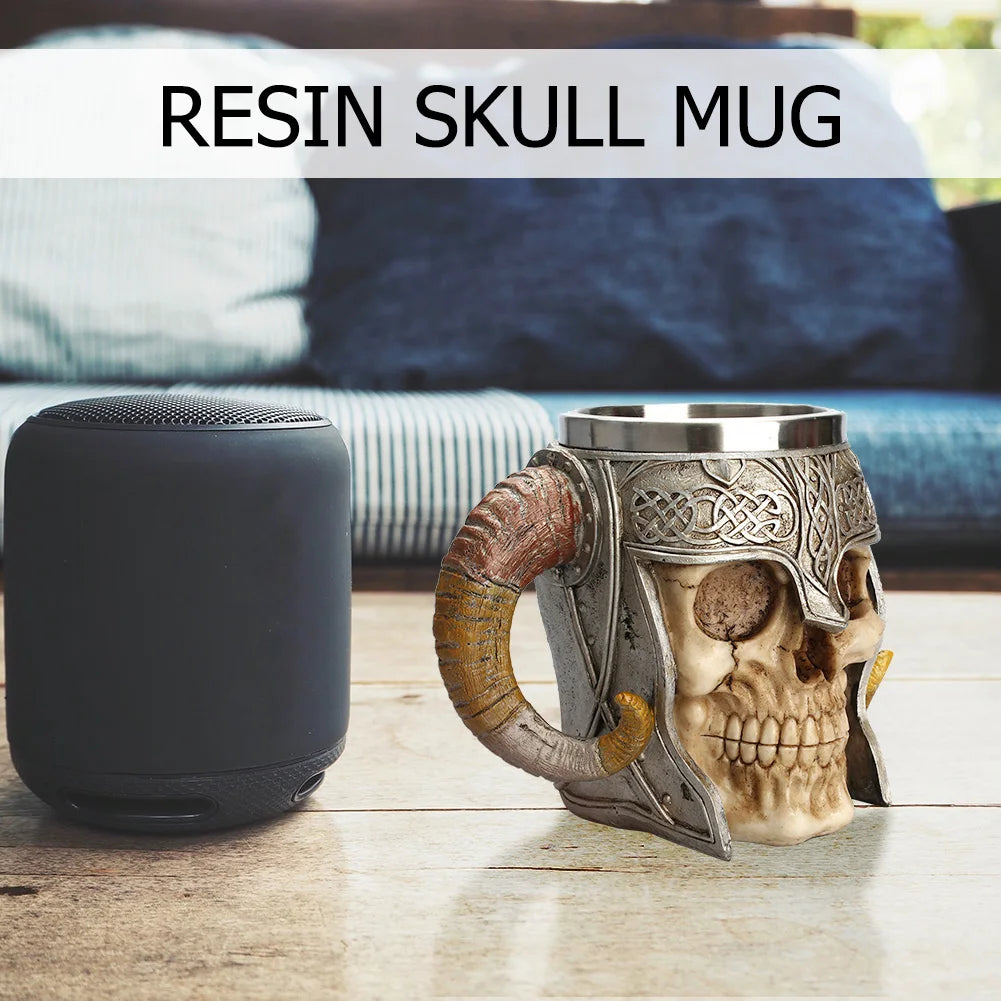 Creative 3D Skull Mug Viking Drinking Cup Resin Stainless Steel Beer Stein Tankard Coffee Mug Tea Cup Halloween Drinkware Gift