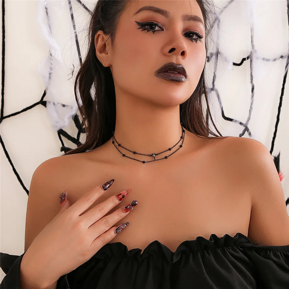 Multilayer Gothic Black Thin Chain Zircon Choker Necklace for Women Vintage Simple Clavicle Link Halloween Jewelry Accessories
