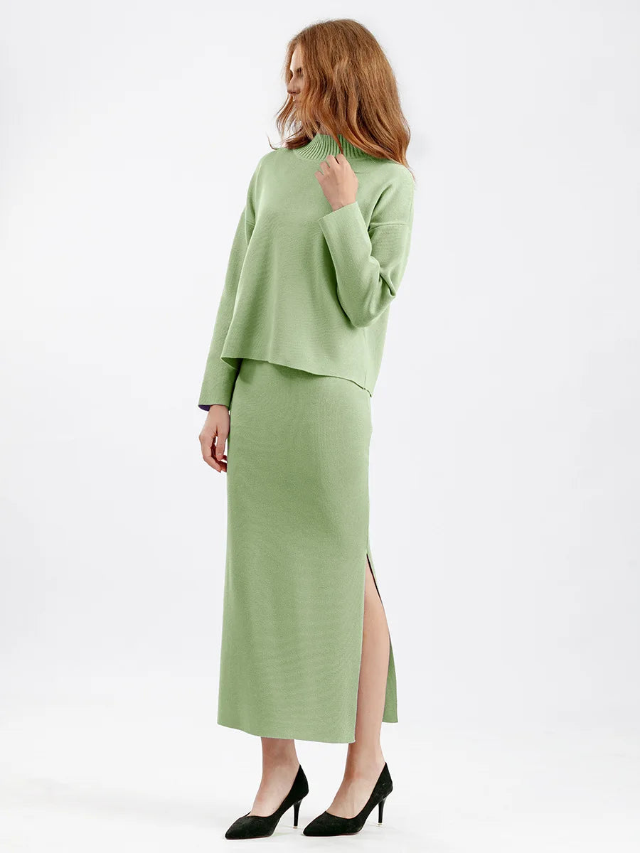 Autumn Women Split Knitted Skirt Suit Fashion Casual Loose Sweater Long Skirts 2 Piece Set Women Outifits Elegant Winter NS5967