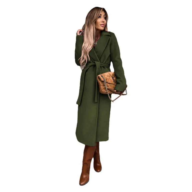 Autumn Winter Women Woolen Jacket Top Outwear Elegant Fashion Long Sleeve Lapel Collar Belt Trench Coat Overcoat Streetwear