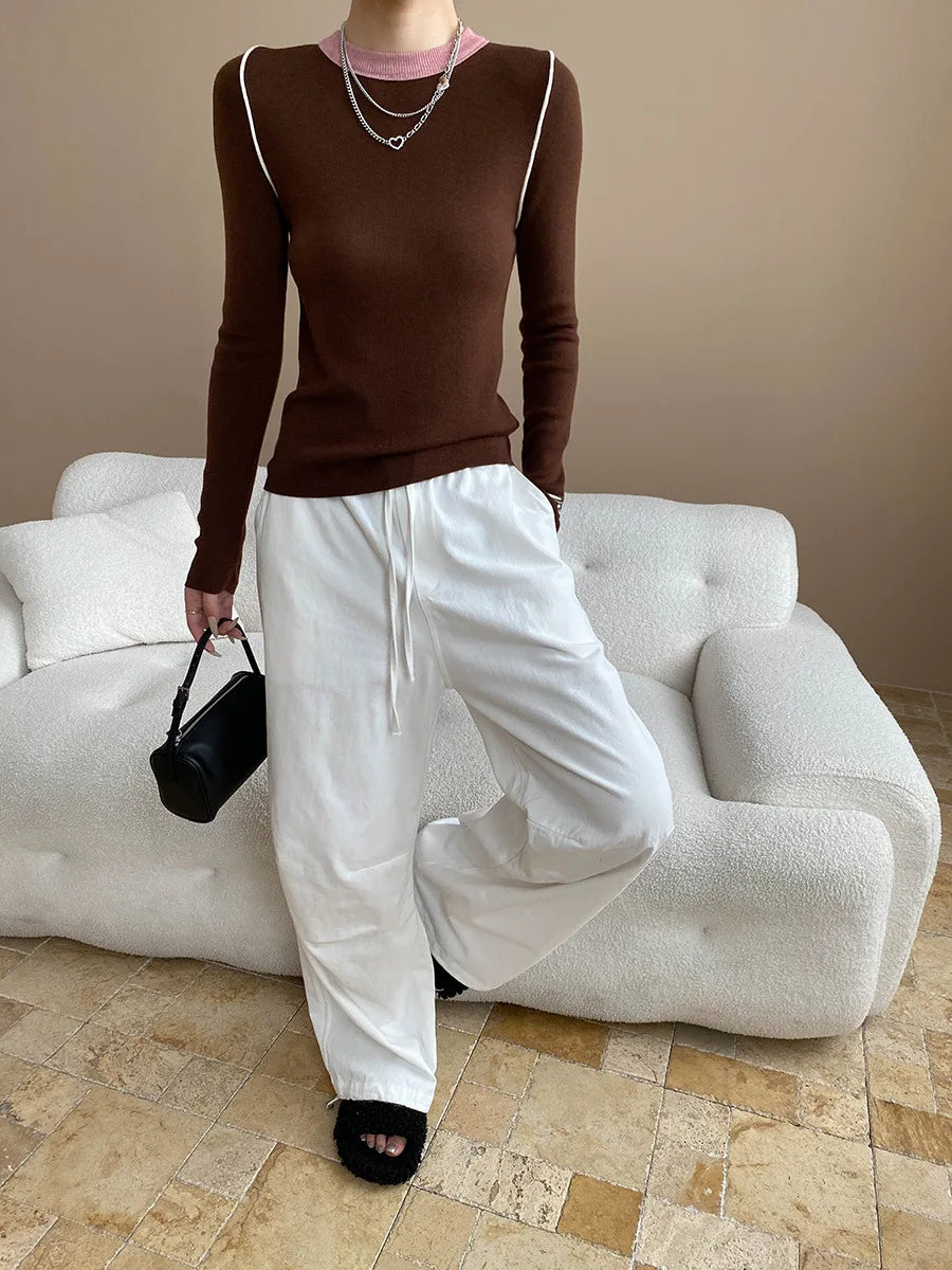 Autumn color palette design, contrasting colors, front shoulder streamlined, slim fit, slimming effect, base knit sweater