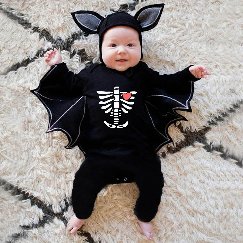 2025 Baby Halloween Romper Print Hat+Romper Bat Cosplay Costume Bag Gift Boy Girl Bone Pumpkin Bodysuit Vampire Clothes