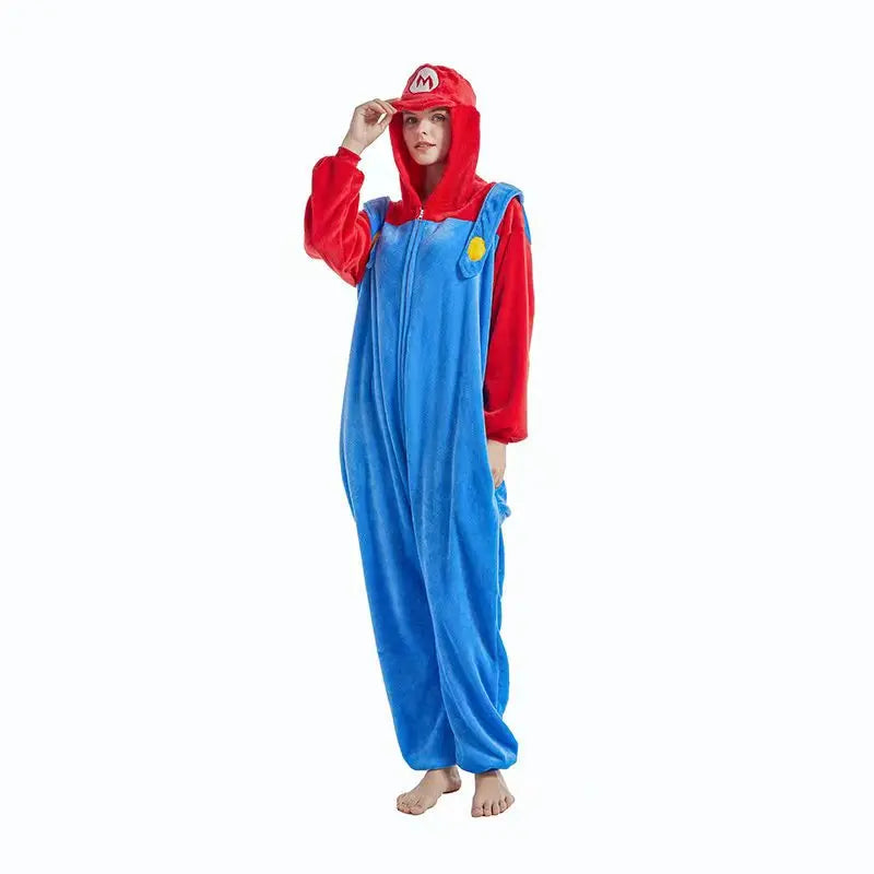 Flannel Zipper New Red Green Super Brother Kigurumi Adult Onesie Cartoon Pajama Animal Halloween Funny Jumpsuits Hooded Pyjamas