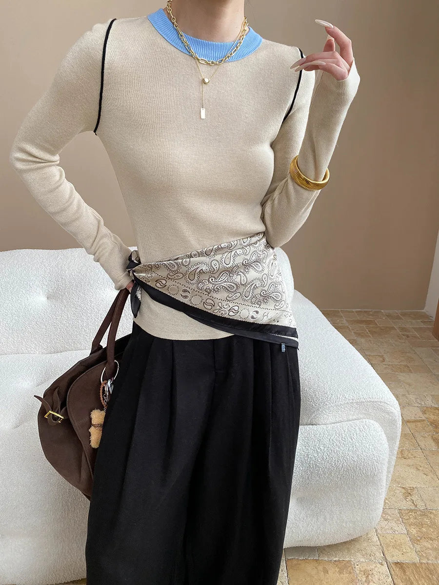 Autumn color palette design, contrasting colors, front shoulder streamlined, slim fit, slimming effect, base knit sweater