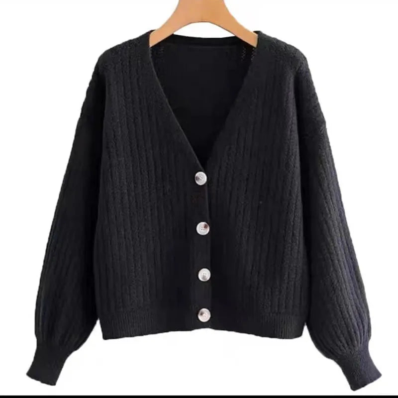 Autumn V Neck Elegant Cardigan Women Sweater New Fashion Loose Retro Knitted Jacket Versatile Solid Casual Office Gentle Coats