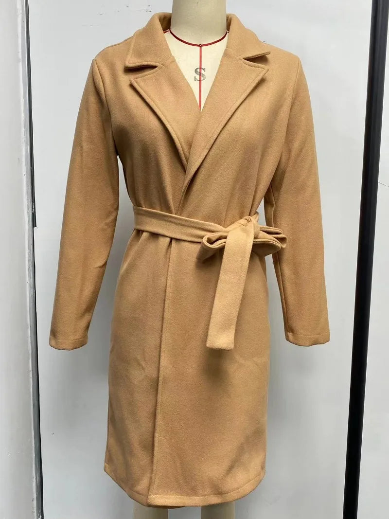 Autumn Winter Women Woolen Jacket Top Outwear Elegant Fashion Long Sleeve Lapel Collar Belt Trench Coat Overcoat Streetwear