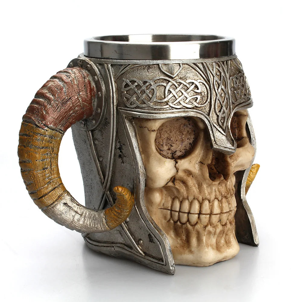 Creative 3D Skull Mug Viking Drinking Cup Resin Stainless Steel Beer Stein Tankard Coffee Mug Tea Cup Halloween Drinkware Gift
